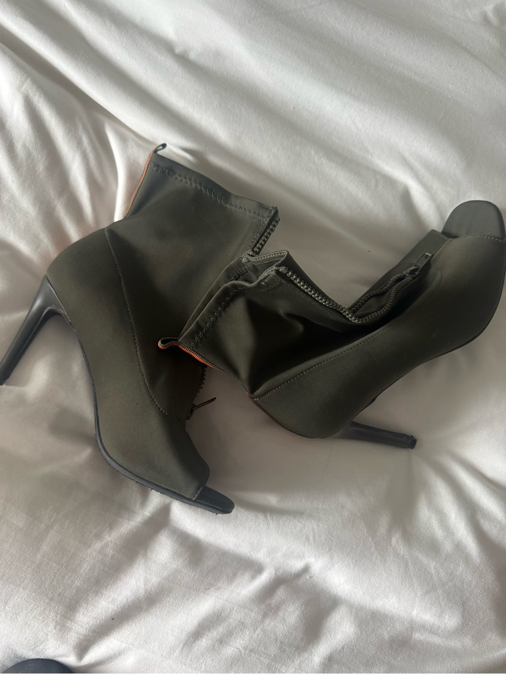 Olive Green Peep-Toe Stiletto Booties